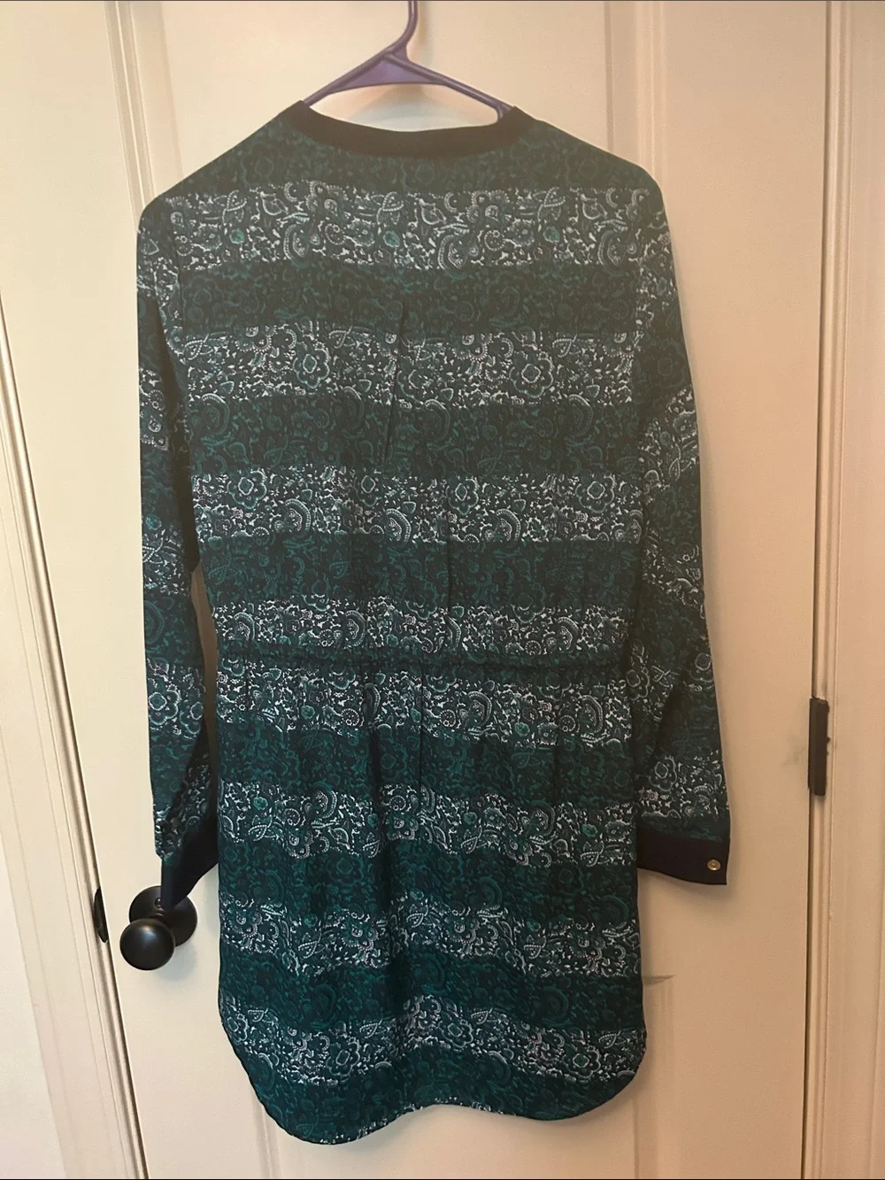 Michael Kors Teal and Navy Patterned Long-Sleeve Shirt Dress